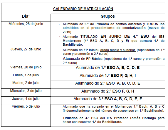 Calendario de matriculación del curso 2019 2020 entrega de