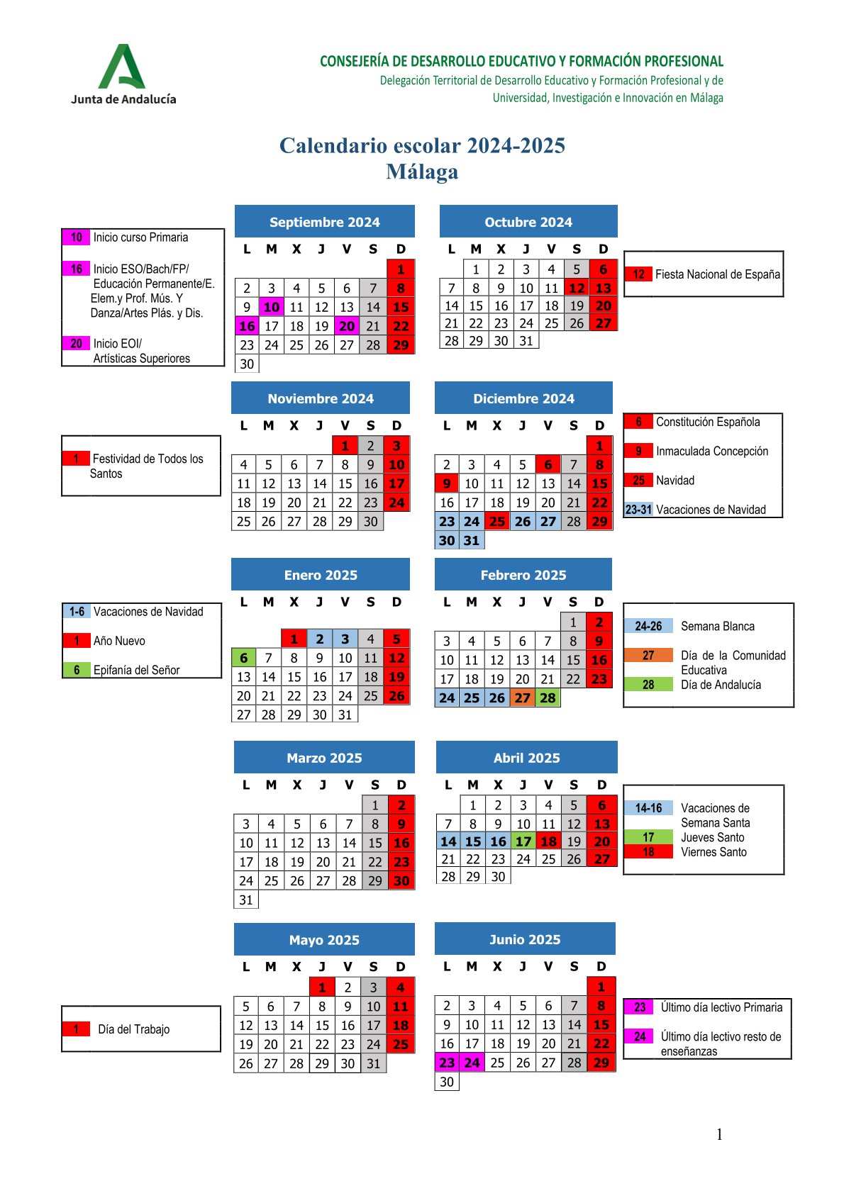 Calendario Escolar del curso 2024/2025 [Actualizado] I.E.S