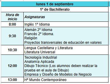Imagen de la noticia: Calendario de Exámenes extraordinarios de 1º de Bachillerato de Septiembre 